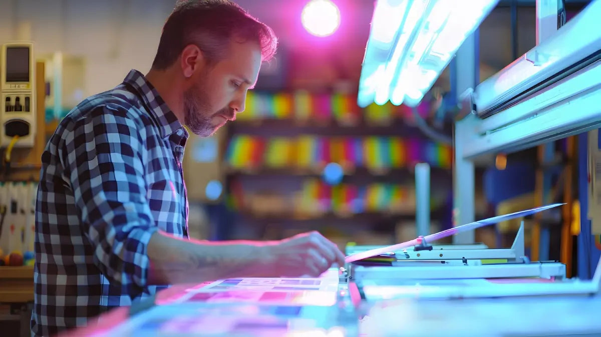 Shopify store owner preparing a gang sheet of custom graphics for printing