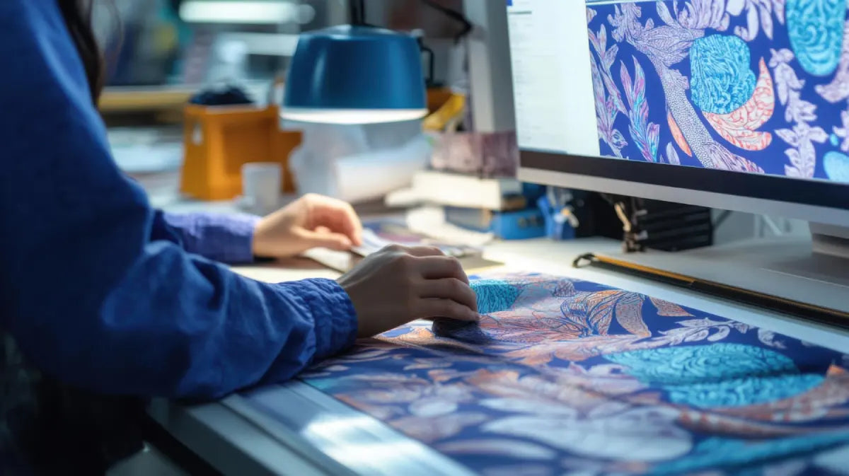 Designer preparing CMYK artwork for direct to film printing on a computer monitor