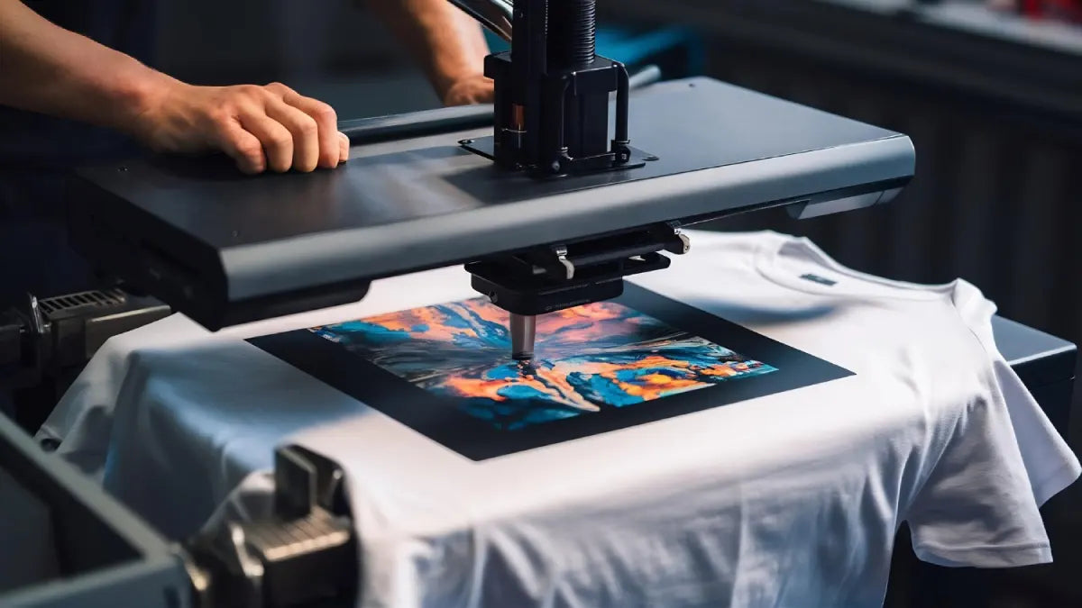 Shopify store owner pressing a vibrant custom design onto a dark cotton hoodie.
