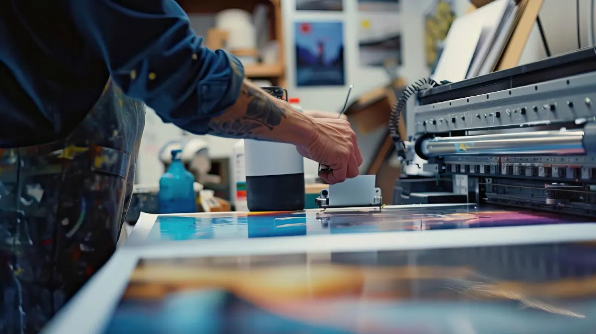 E-commerce fulfillment operator cutting a custom design from a printed film roll